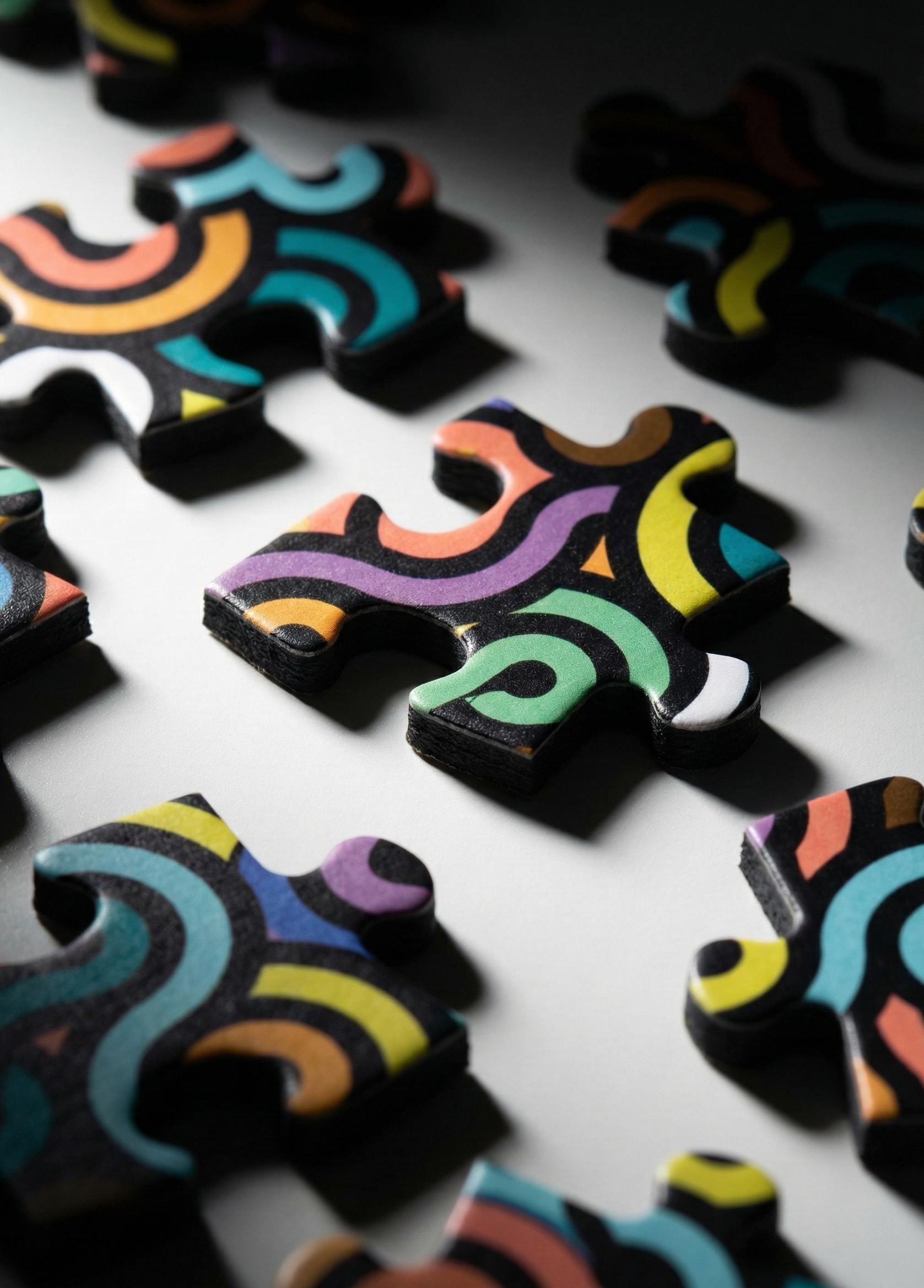 Matte black-core PZLWRX puzzle pieces printed with colorful swirling arcs, showing the non-glare finish