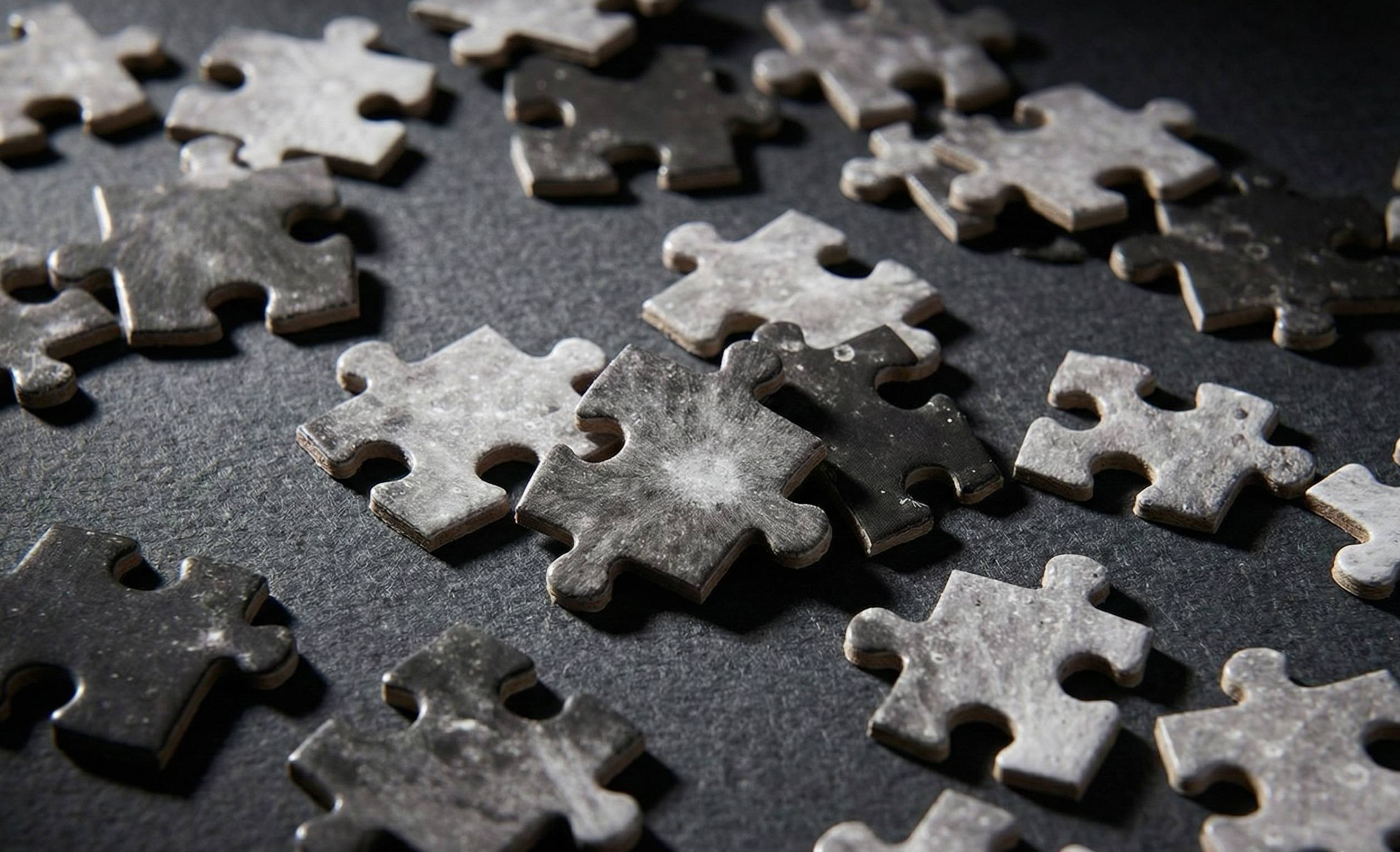 Grey stone-textured PZLWRX puzzle pieces scattered on a dark surface under dramatic raking light