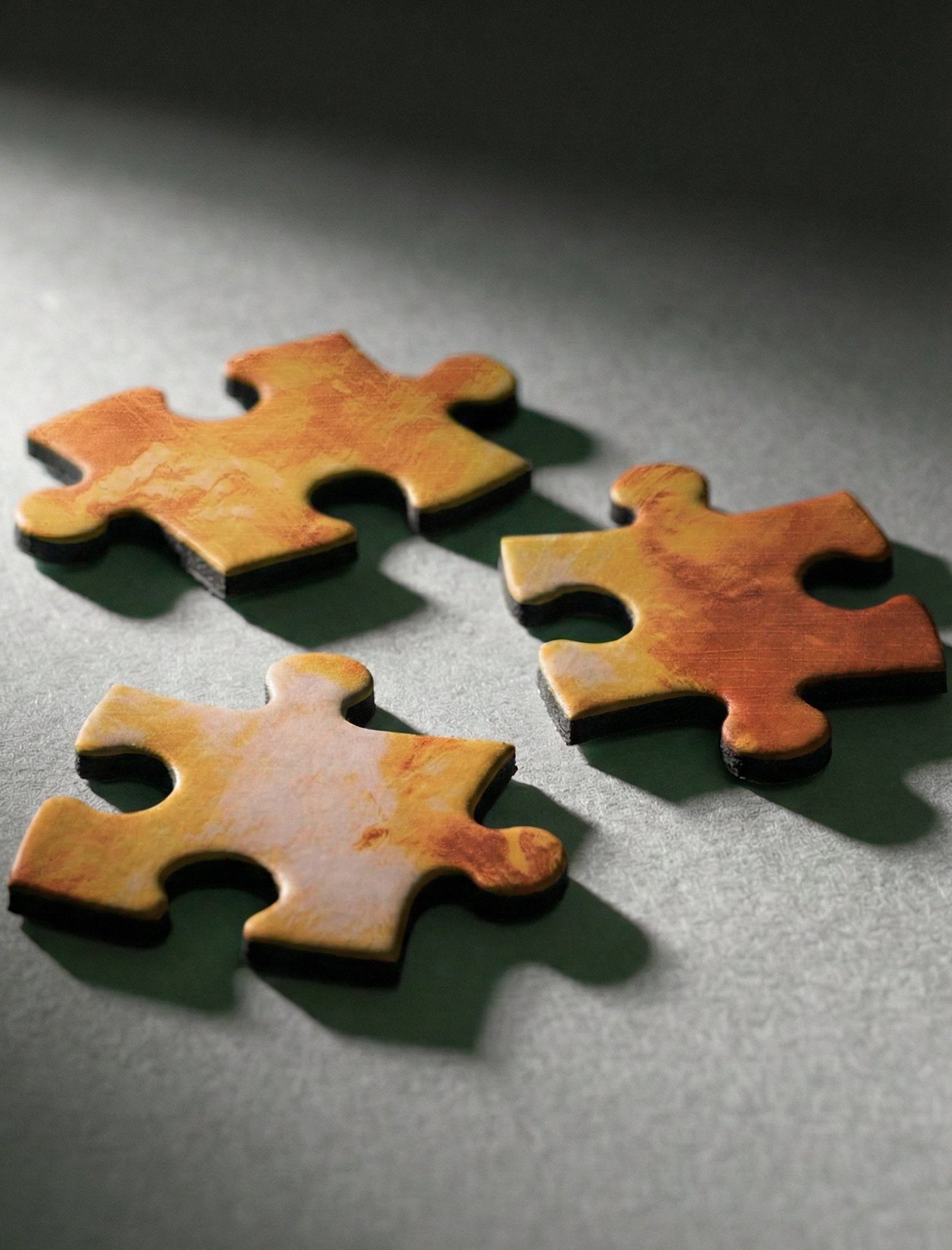Three thick PZLWRX puzzle pieces with warm amber marbled tops and visible solid black cores
